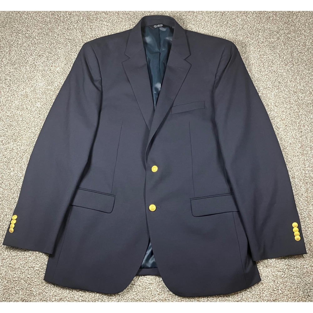 Jos A Bank Executive Navy Blue Wool Blazer Gold Buttons Size 42L Traditional Fit